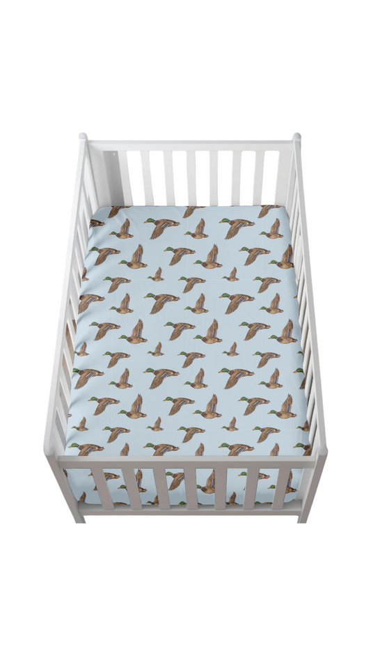 Mallard Montage Blue Crib Sheet
