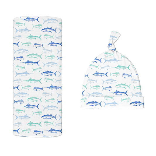 Maritime Medley Blue Hat & Swaddle Set